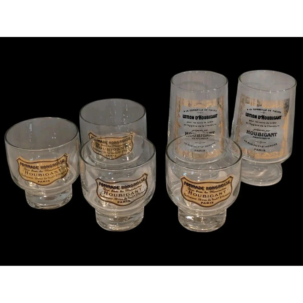 6 Vintage French Pommade Houbigant Parfumerie Paris Advertising Cocktail Glasses